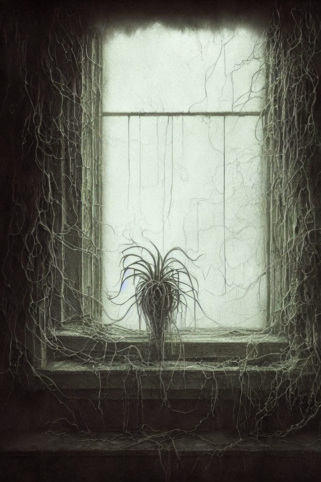 Dimly Lit Room with Cobweb-Covered Window and Wilting Plant