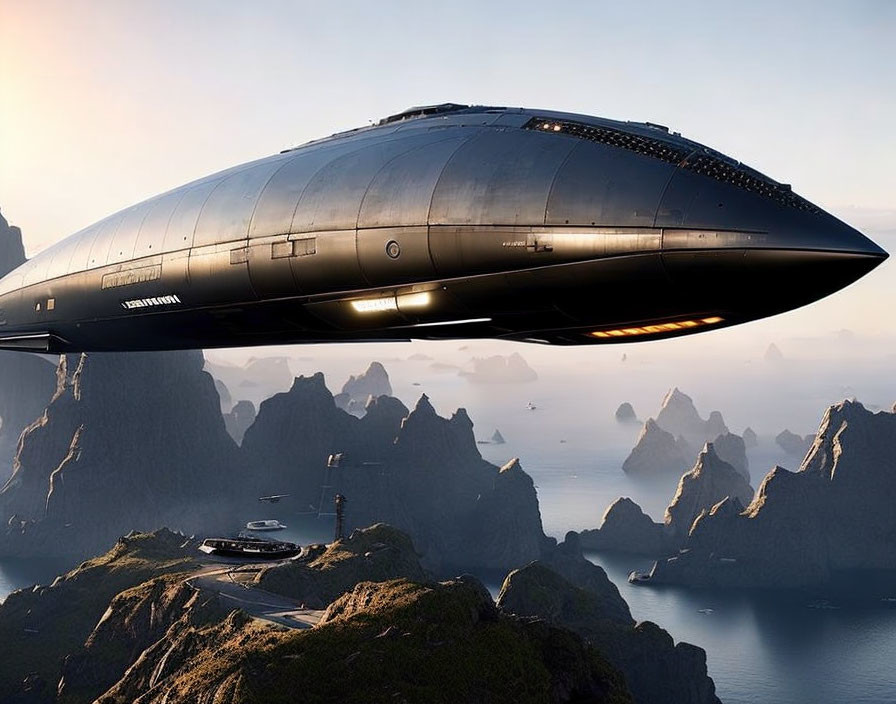 Futuristic spaceship over rocky coastal landscape at sunset