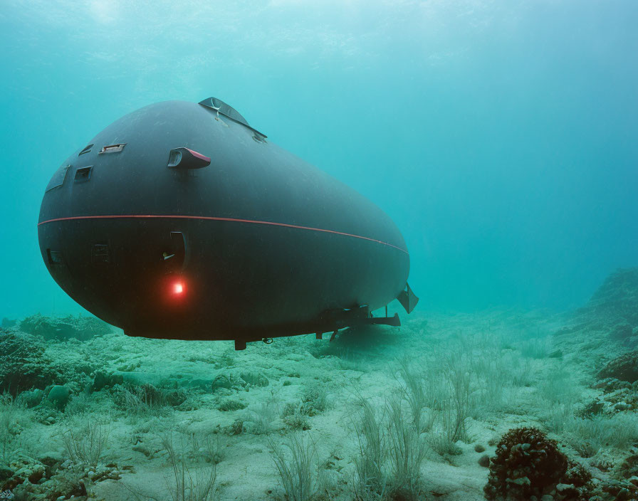 Oval-shaped black submarine among marine life with lights