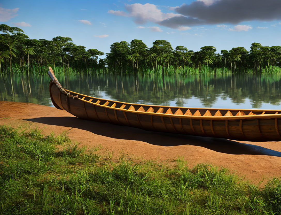 Wooden Canoe Resting on Sandy Riverbank with Calm Waters and Lush Greenery