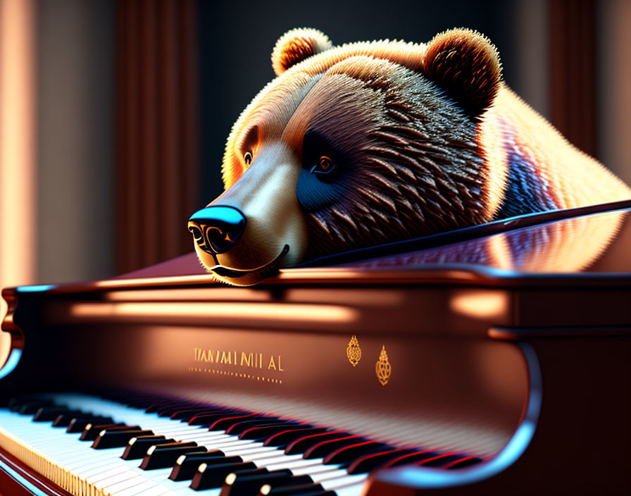 Bear playing grand piano under ambient lighting