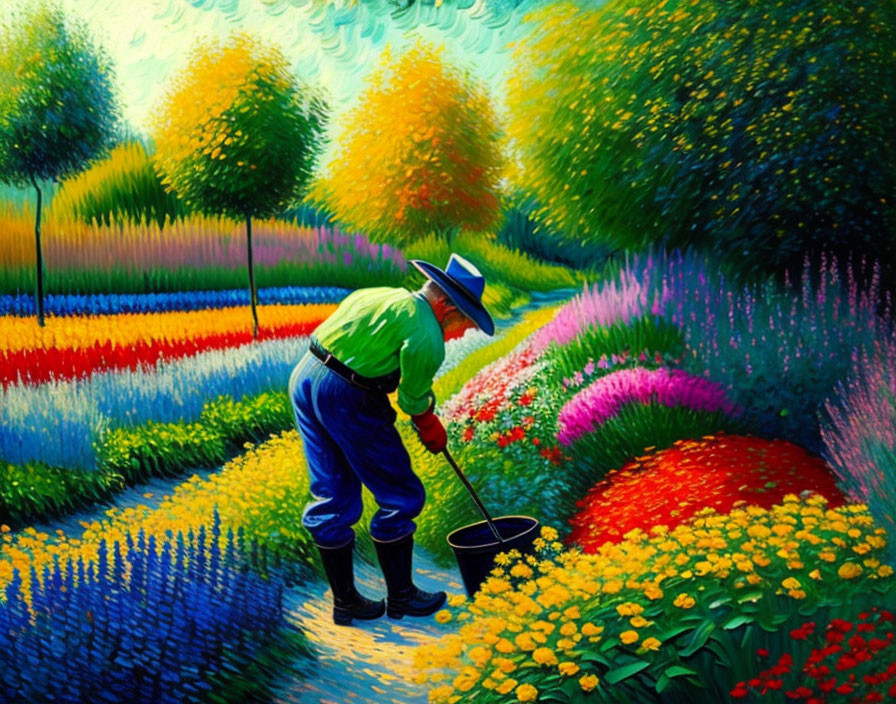 Colorful Gardener Tending Flowers in Vibrant Painting