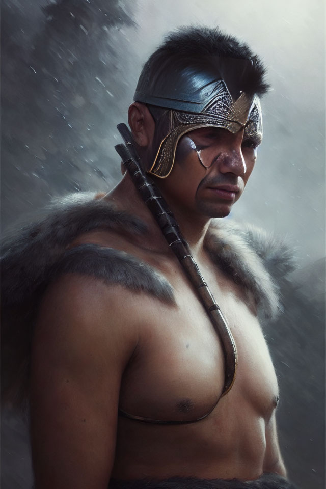 Tribal warrior with face paint and spear in snowfall