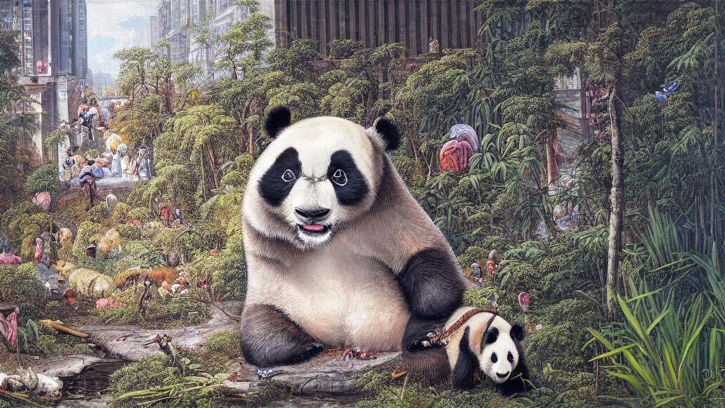 Giant and small pandas in lush forest with diverse creatures and people