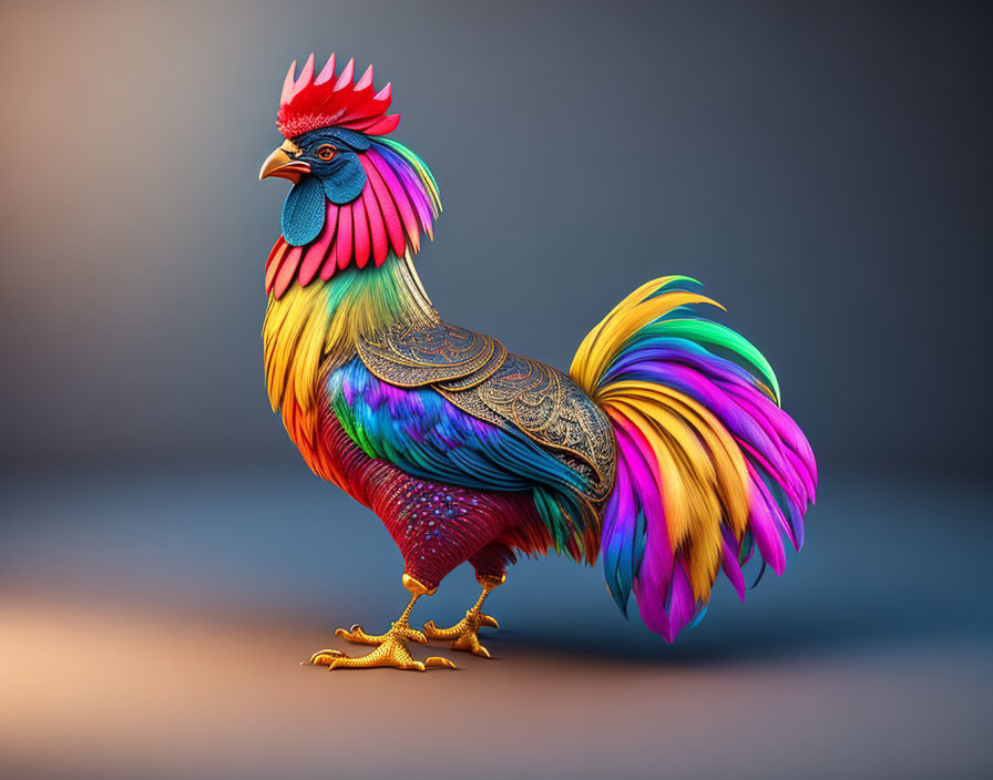 Colorful Rooster with Vibrant Plumage on Gradient Background