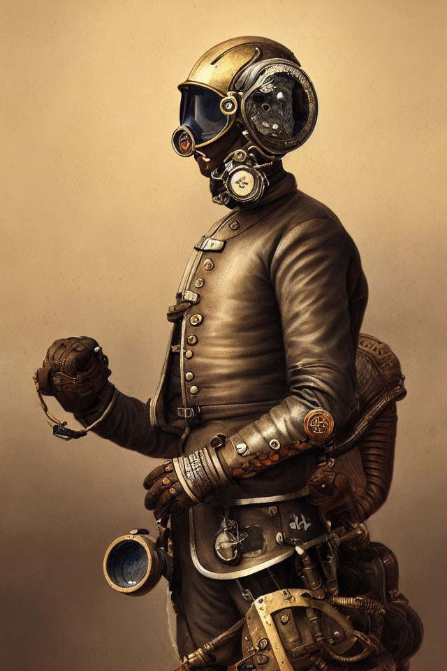 Steampunk-style diving suit illustration with grenade and brass accents