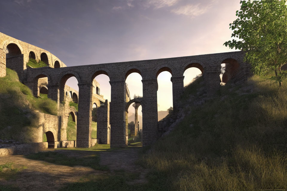 Stone aqueduct with arches in serene grass landscape, historical grandeur evoked