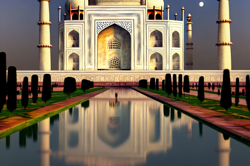 Iconic Taj Mahal at sunset with minarets and intricate architecture reflected in water