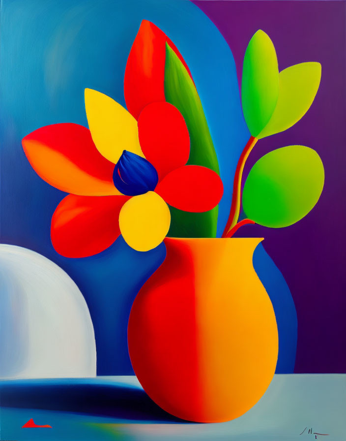 Colorful Flower Painting with Red Vase on Blue and Purple Background