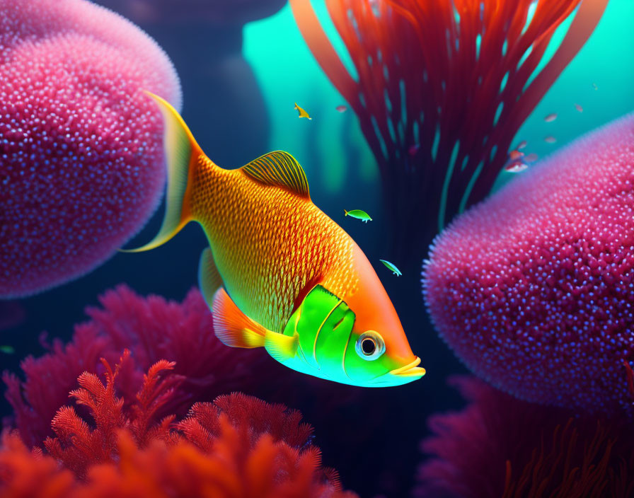 Colorful coral and vibrant orange fish in underwater scene