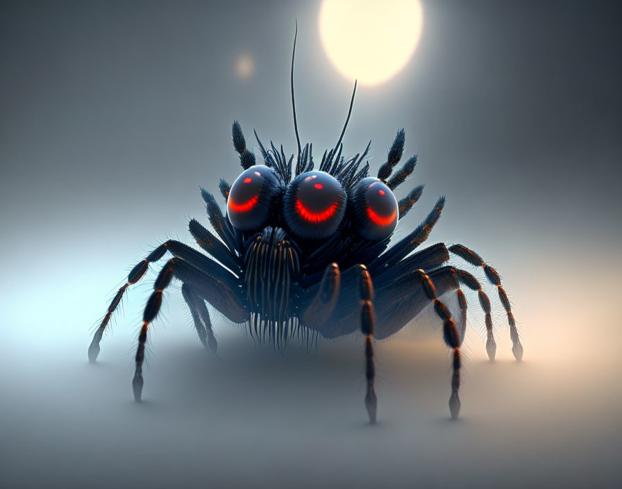 Digital spider illustration with blue eyes and red pupils on soft-focused background.