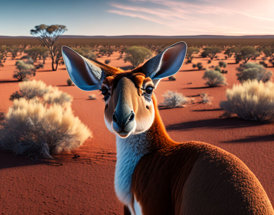 Stylized kangaroo in vibrant desert with large ears