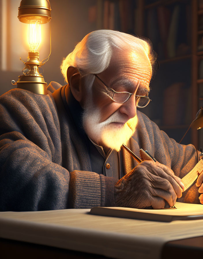 Elderly man with white beard writing by oil lamp