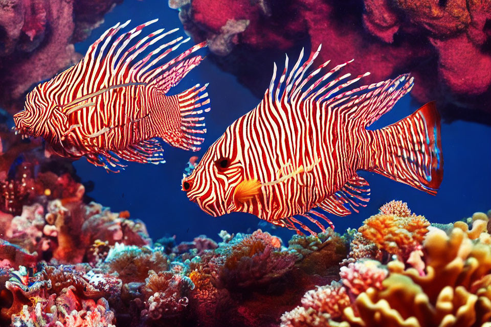 Vibrantly Striped Red Lionfish Among Colorful Coral Reefs