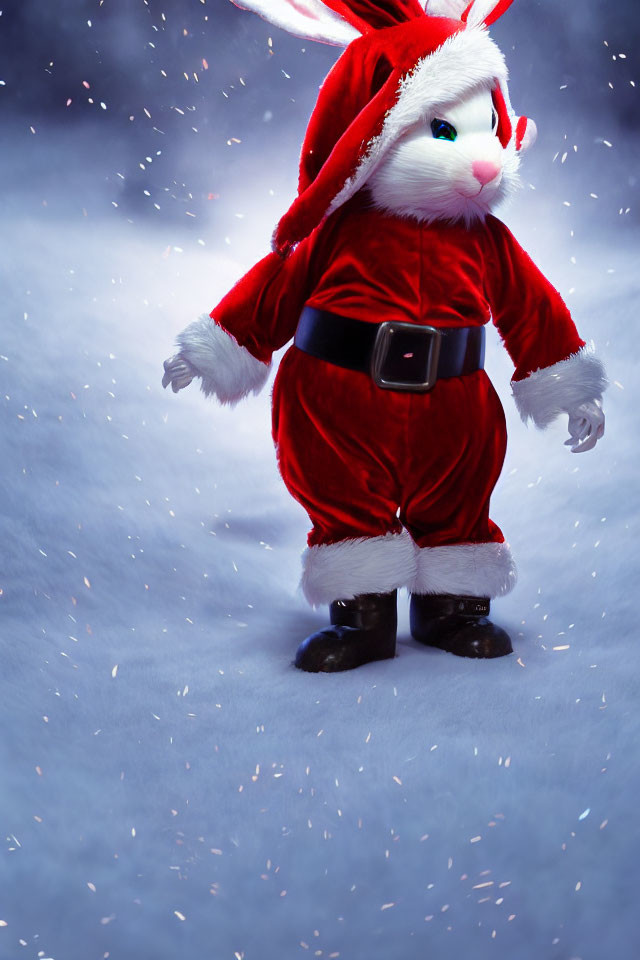 Santa Claus in rabbit mask surrounded by falling snowflakes on blue background