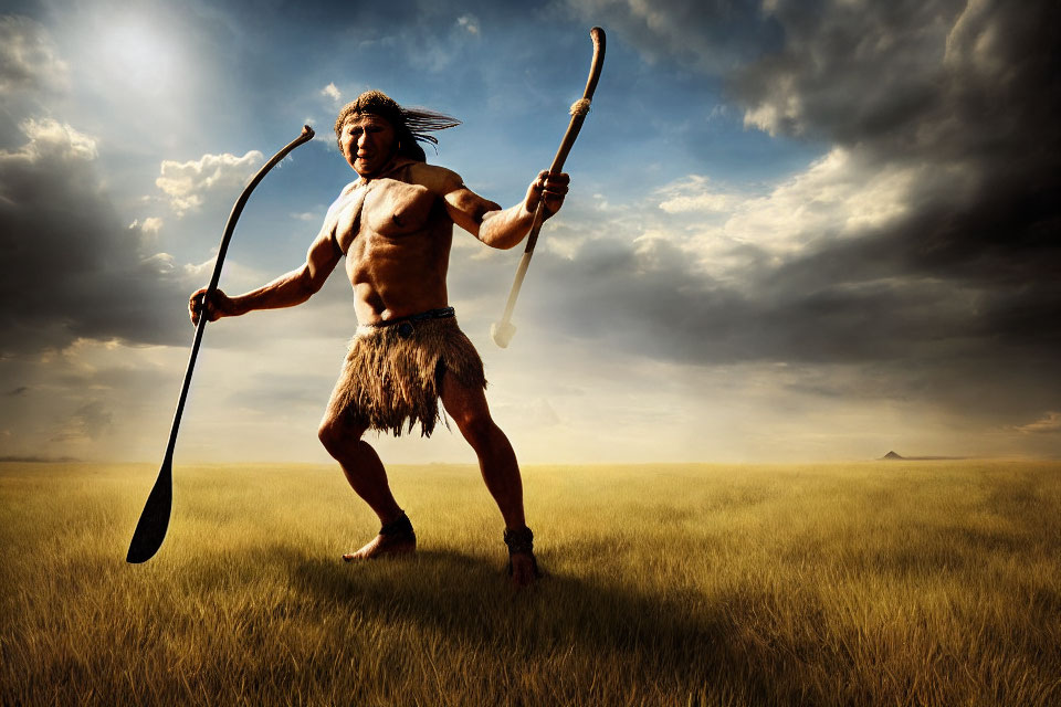 Indigenous person in traditional attire with bow on grassy plain under dramatic sky