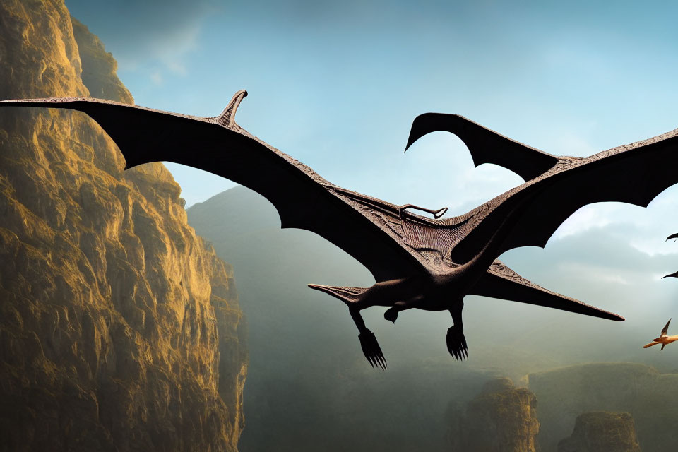 Large wingspan pterosaur flying in misty canyon