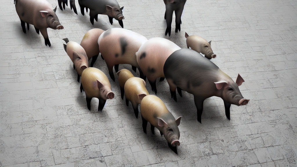 Realistic 3D pigs in various sizes and shades on tiled floor