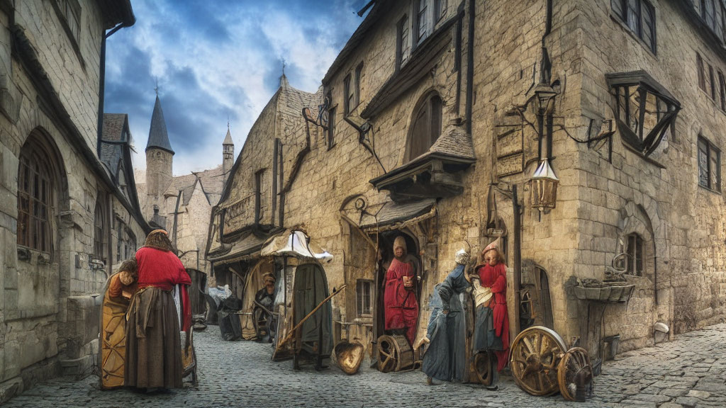 Medieval street scene with period clothing, carts, and cobblestone roads