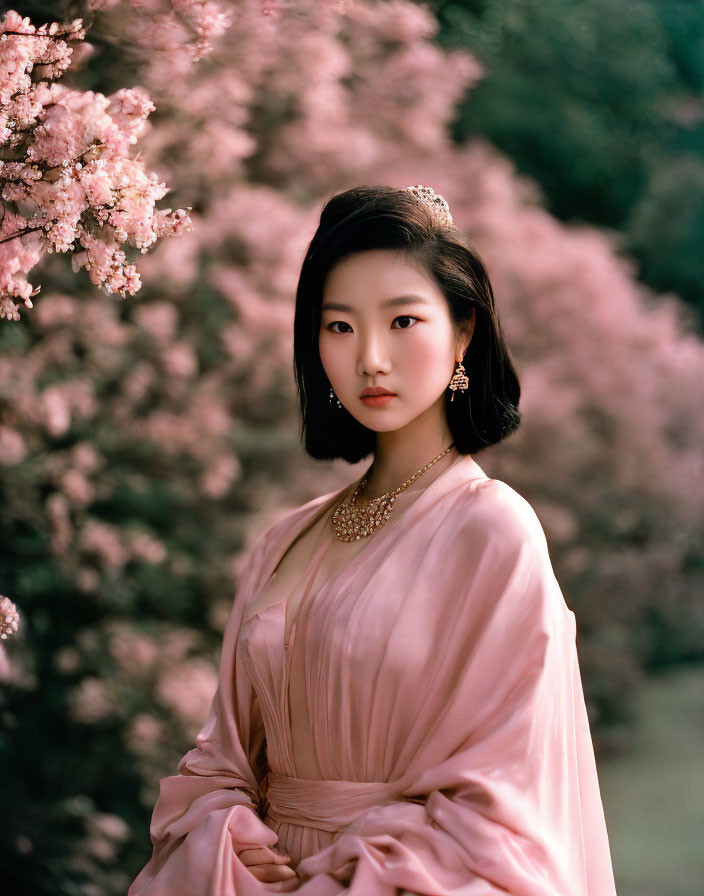 Woman in Pink Dress with Tiara and Necklace Surrounded by Blooming Pink Trees