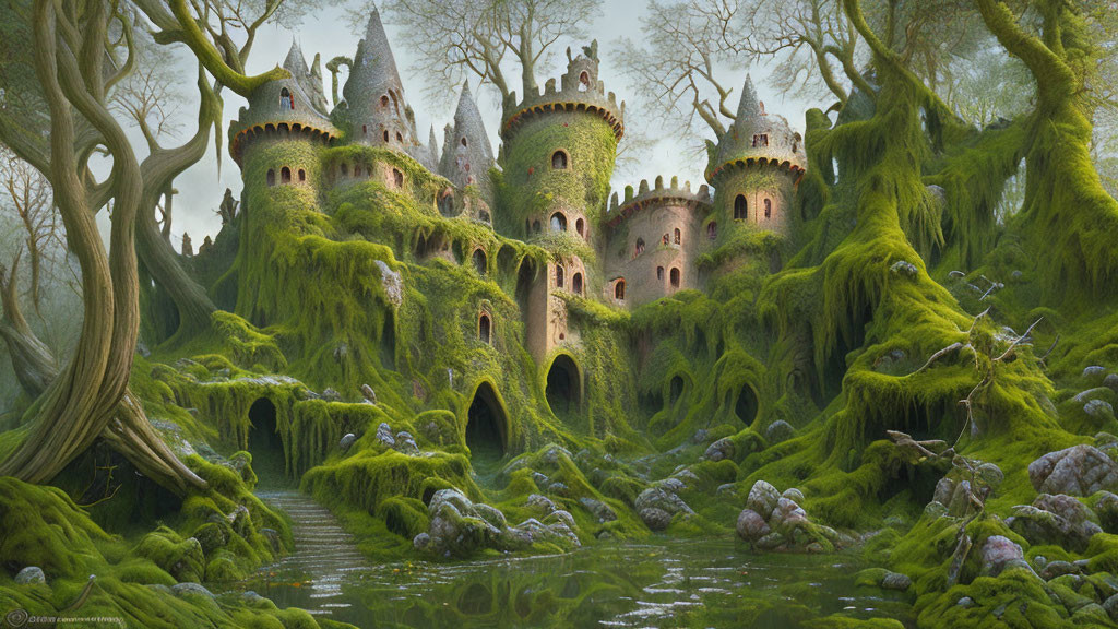 Moss-covered castle in enchanting forest with stream