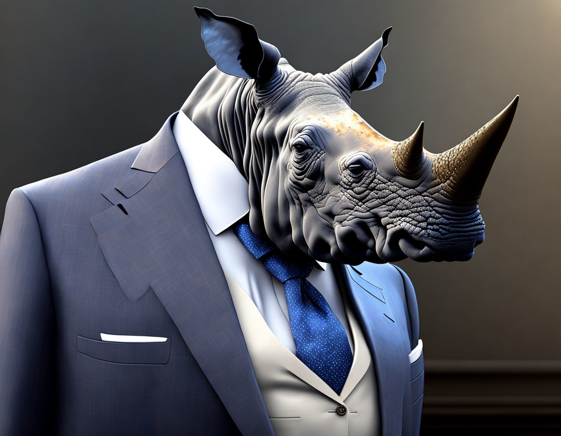 Digitally created rhinoceros head on human body in blue suit against grey backdrop