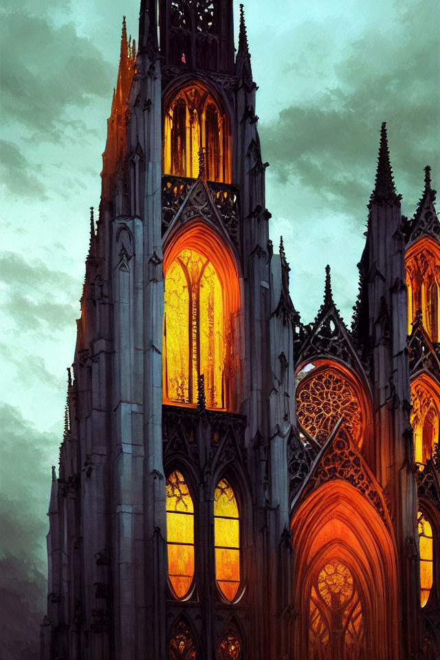 Gothic Cathedral Spires at Dusk with Stained-Glass Windows