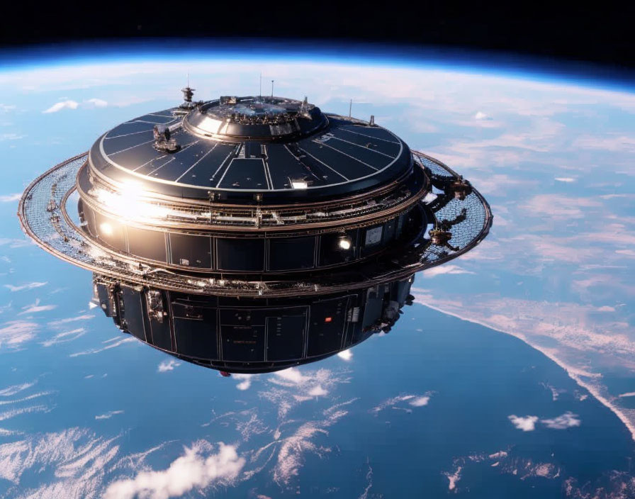 Futuristic space station orbits Earth, reflecting sunlight on blue planet with visible clouds