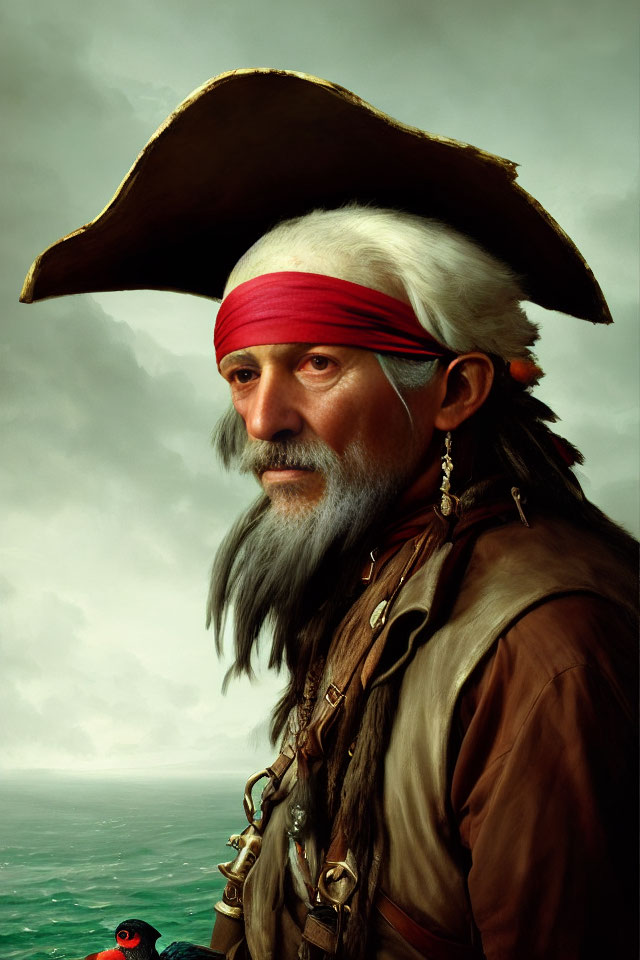 Portrait of Pirate with Red Bandana, Hat, and Parrot on Shoulder against Cloudy Seascape