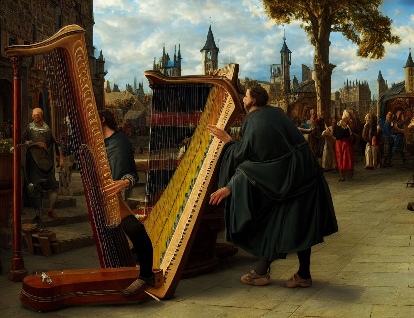 Medieval town square with men playing large harps among period-dressed onlookers