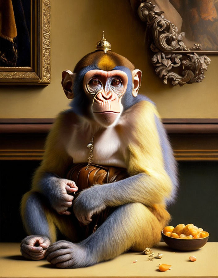 Realistic monkey in royal attire with fruits bowl