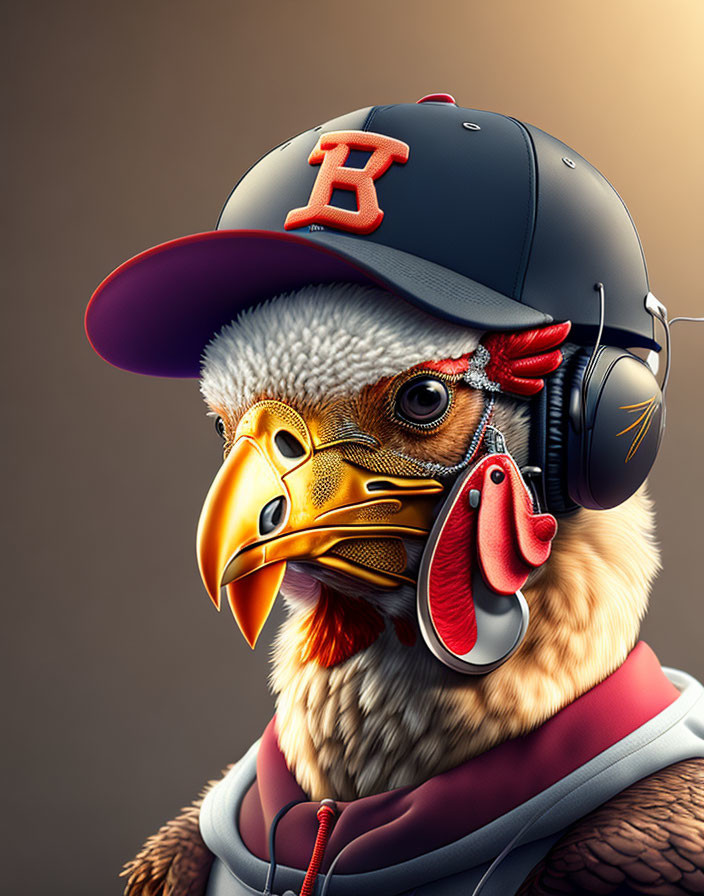 Stylized chicken with baseball cap and headphones illustration