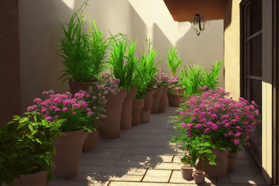 Balcony with Terracotta Pots of Green Plants and Pink Flowers