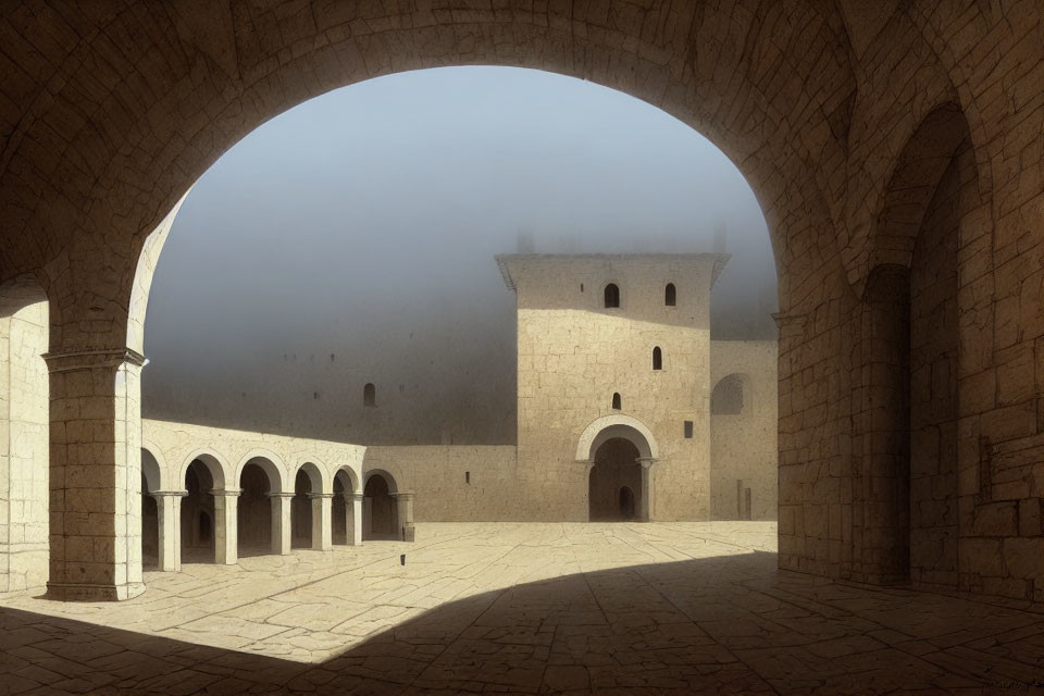 Serene foggy courtyard with arched stone corridors