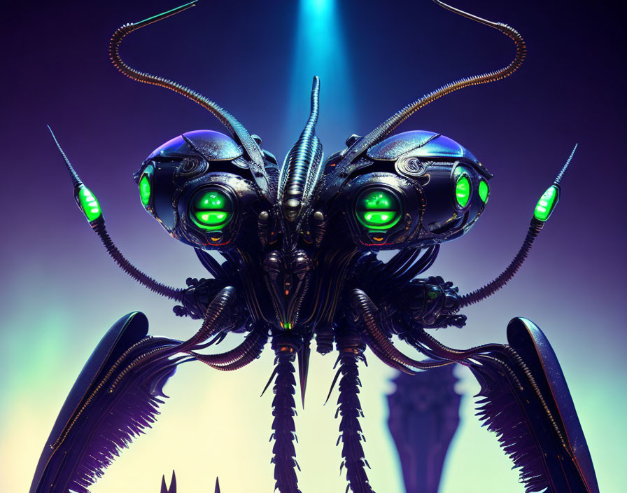 Detailed 3D mechanical insect illustration with glowing green eyes on purple background