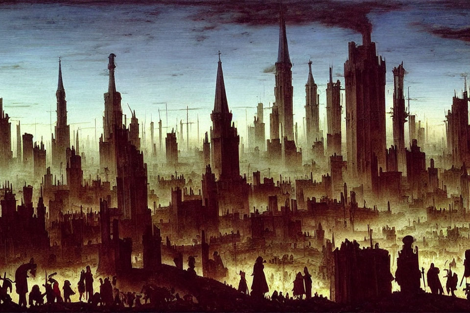 Silhouetted figures in gothic cityscape at twilight