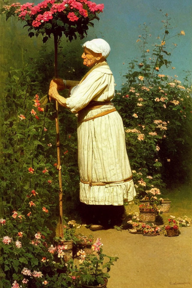 Woman in traditional dress tends to flowering plants in lush garden