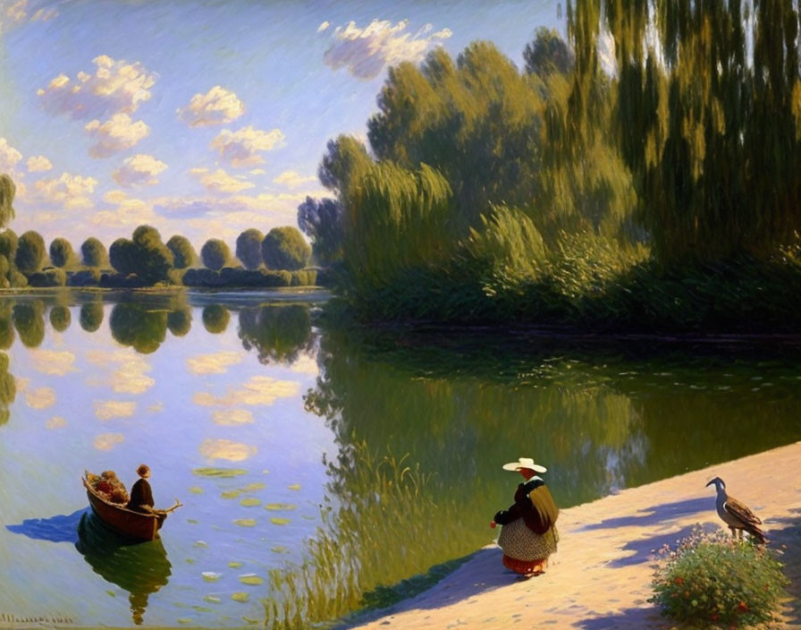 Tranquil river landscape with person, boat, trees, and bird