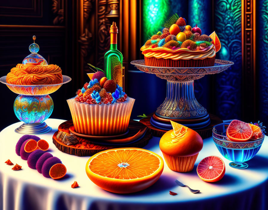 Colorful Desserts and Fruits Still-Life on Ornate Dark Backdrop