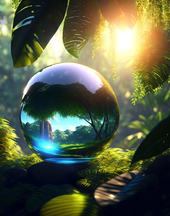 Crystal ball in lush forest reflects serene landscape with trees and waterfall.