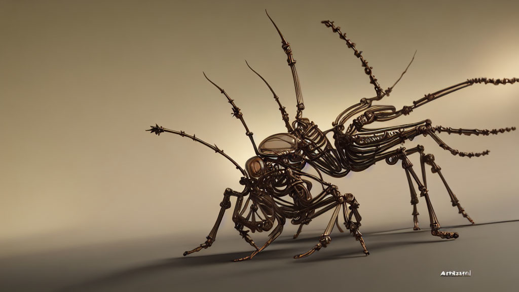 Mechanical ant digital artwork with intricate metal components on soft beige background
