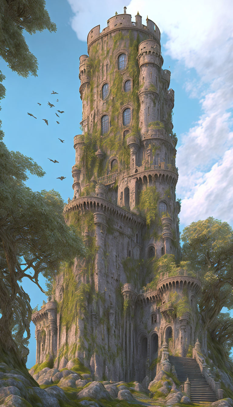 Ancient tower with arches in lush landscape under clear sky