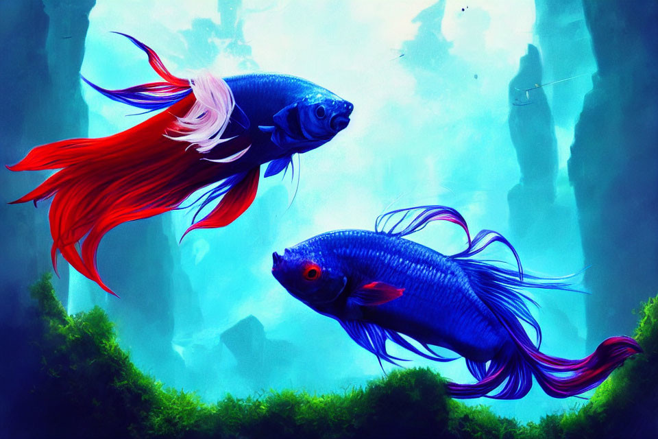 Colorful Betta Fish Swimming in Underwater Scene