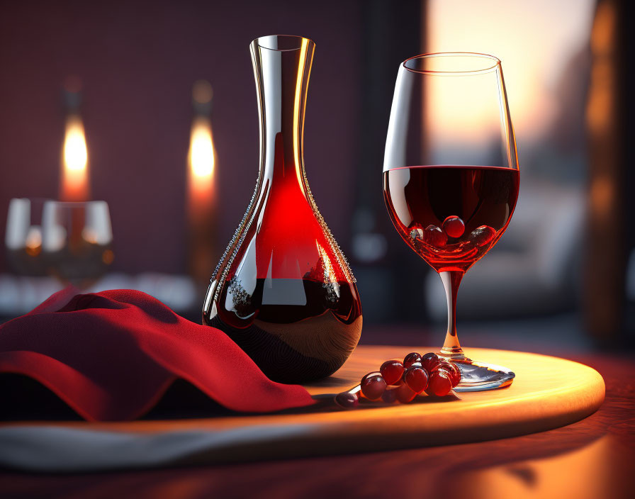 Red wine decanter and glass on wooden board with grapes and napkin under warm lighting