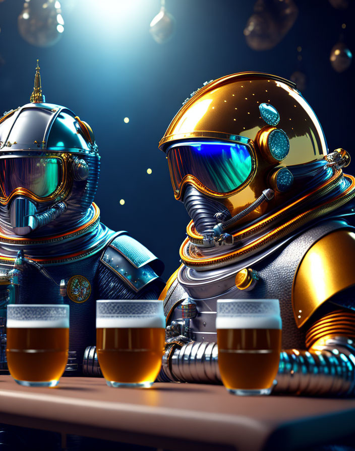 Futuristic astronauts in stylized suits at bar with beer glasses