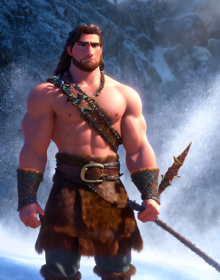 Muscular male character with long hair in snowy landscape with spiked weapon