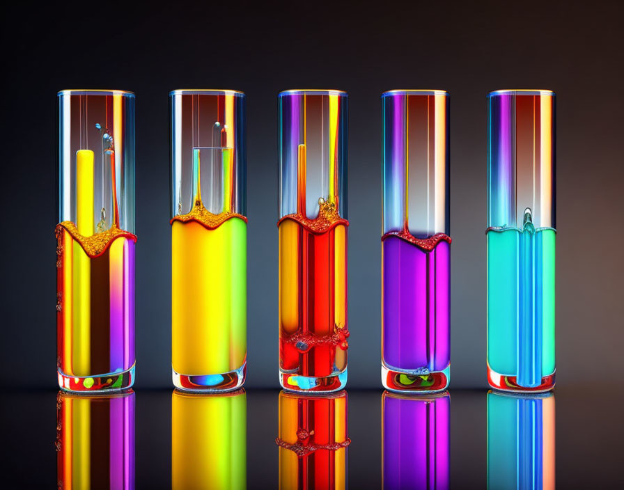 Vibrant liquid-filled test tubes on glossy surface with reflections