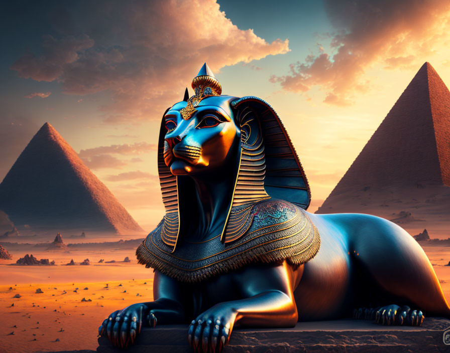 Digital Artwork: Egyptian Sphinx with Human Female Features and Pyramids at Sunset