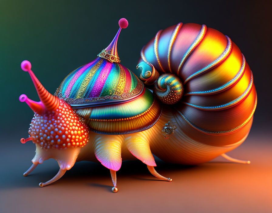 Colorful digitally-rendered snail with patterned shell on gradient background