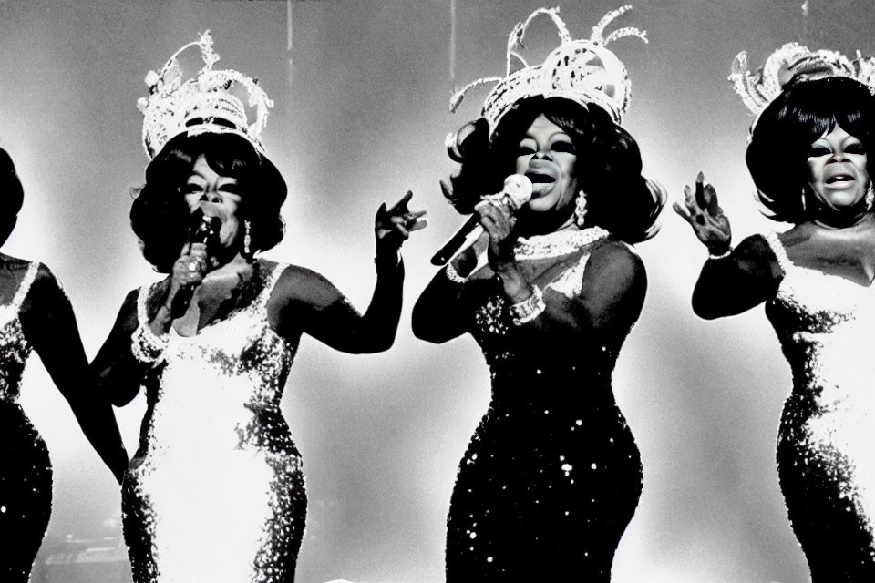 Three performers in sequined dresses and tiaras singing on stage in high-contrast black and white.